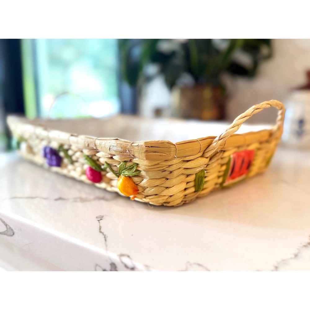 Vintage Raffia Fruit Nesting Basket Woven Serving Tray with Handles 3D Motifs
